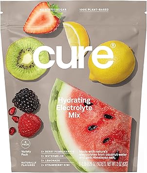 Cure Hydration | Mezcla de bebida de electrolitos a base de plantas | Sin azúcar agregada | Polvo para aliviar la deshidratación elaborado con agua de coco | Sin OGM | Vegano | 8 porciones - Paquete variado ln25