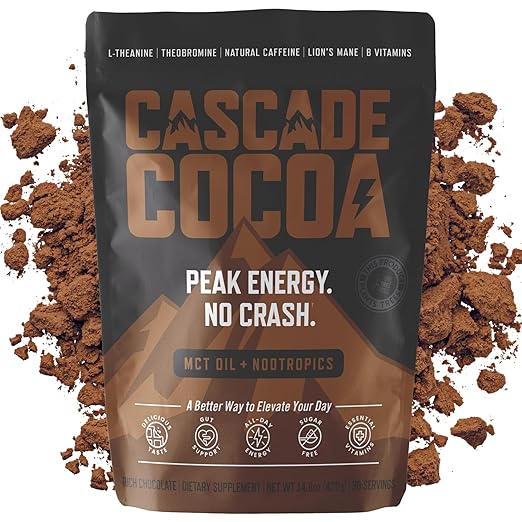 Chocolate caliente con cafeína | Energía y concentración sostenidas sin el bajón del mediodía | 150 mg de cafeína natural | Melena de león + ACEITE MCT + L-teanina + Vitaminas B + Más | Un árbol plantado por cada paquete vendido ln25