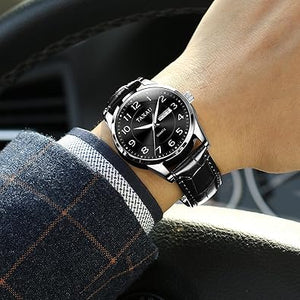 Reloj de hombre con cara grande, fácil de leer, números arábigos, relojes de vestir para hombre, clásico, negro, marrón, a21 correa de cuero, analógico, reloj de pulsera para hombre con día y fecha,