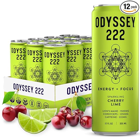 Bebida energética Odyssey 222, preentrenamiento,bajo en calorías, sabor a cereza y lima, 12 onzas líquidas, paquete de 12 ln25
