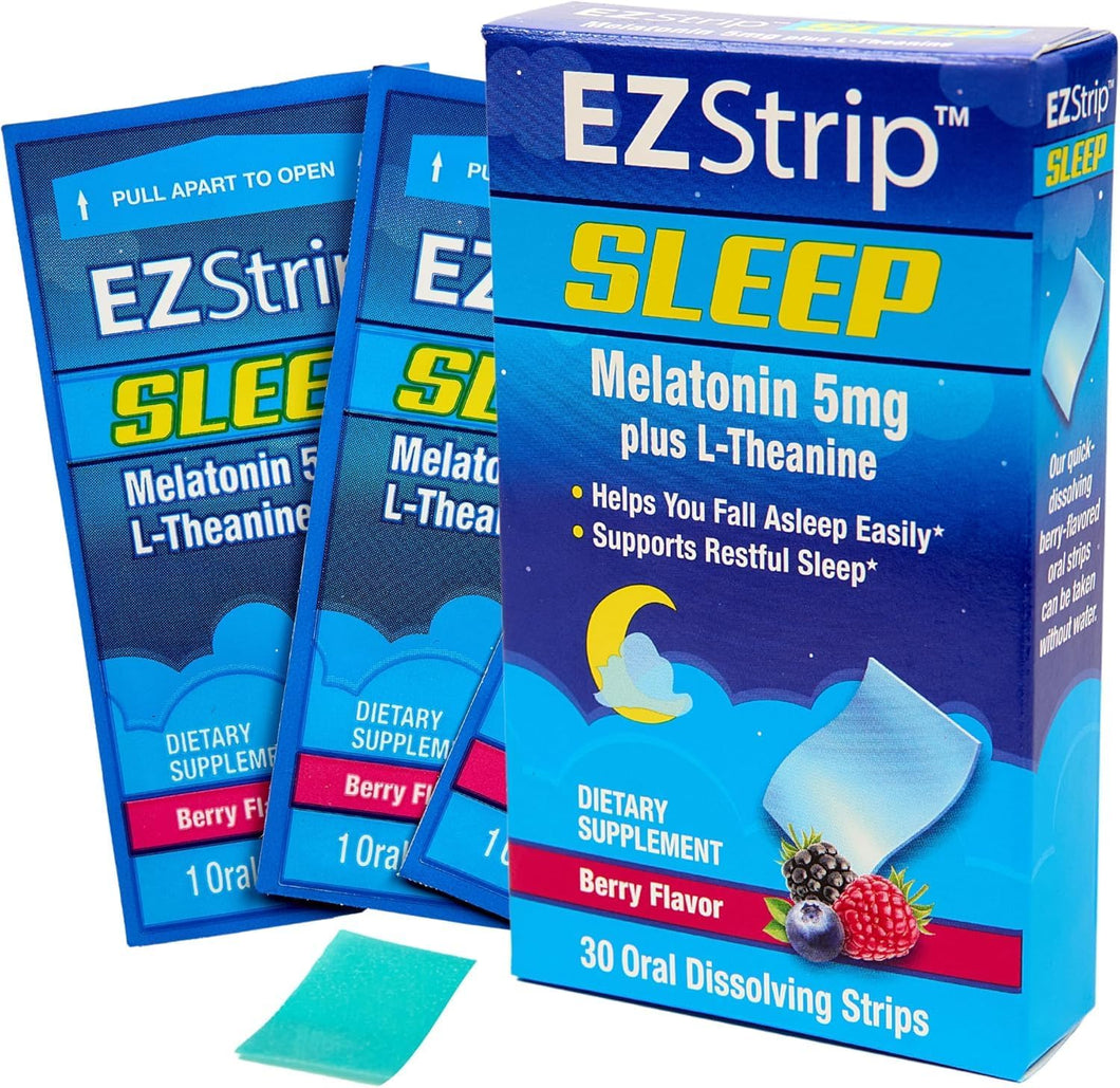 Sueño: melatonina de 5 mg con tiras para dormir de L-teanina. Sabor a bayas. Sin azúcar, sin gluten, suplemento para ayudar al sueño para adultos. Fabricado en una instalación registrada por ln26