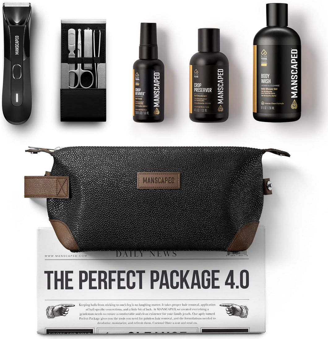 MANSCAPED® El paquete perfecto 4.0 El kit contiene: recortadora eléctrica Lawn Mower® 4.0, desodorante de bolas,ln23 gel de baño, tónico en aerosol de rendimiento, kit de uñas de lujo de cuatro piezas,