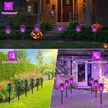 Cargar imagen en el visor de la galería, Luces solares de Halloween moradas con llama parpadeante

