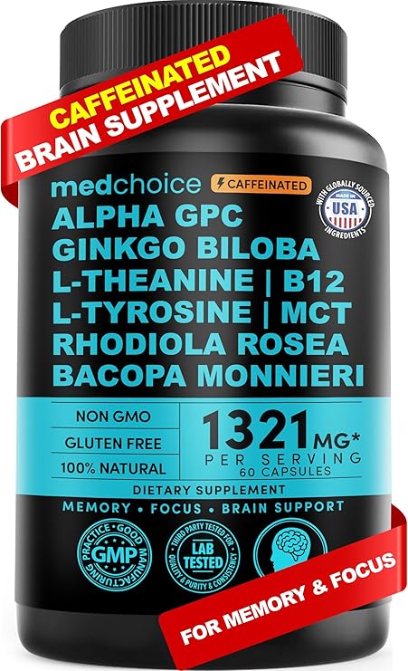 Suplemento nootrópico 12 en 1 para el cerebro con cafeína anhidra: Ginkgo biloba para apoyar el cerebro, la memoria y la concentración; suplementos de vitamina B12, alfa-GPC, L-teanina y colina con bioperina con 1321 mg (60 unidades) ln25