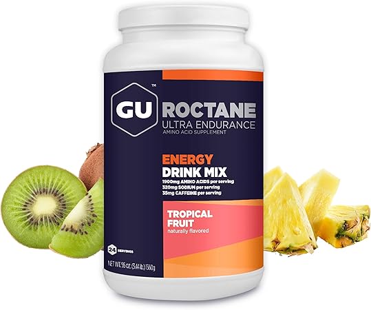 Mezcla de bebida energética GU Energy Roctane Ultra Endurance, vegana, sin gluten, kosher, con 35 mg de cafeína y sin lácteos, para llevar y preparar para cualquier entrenamiento, frasco de 3,44 libras, fruta tropical ln25