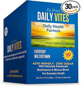 Multivitamínico de vitaminas del Dr. Price para mujeres y hombres - Paquetes de suplementos en polvo - 30 paquetes - Suplemento de vitaminas del complejo B - Daily Vites - Minerales para el agua - Mezcla para bebida sin azúcar, sin OGM y sin gluten ln25
