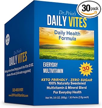 Multivitamínico de vitaminas del Dr. Price para mujeres y hombres - Paquetes de suplementos en polvo - 30 paquetes - Suplemento de vitaminas del complejo B - Daily Vites - Minerales para el agua - Mezcla para bebida sin azúcar, sin OGM y sin gluten ln25