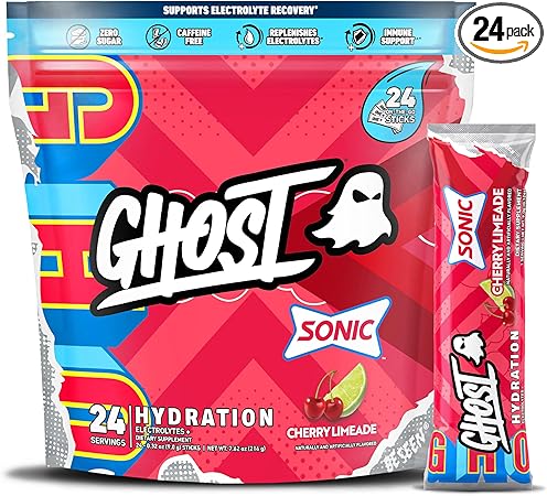Paquetes de hidratación GHOST, Sonic Cherry Limeade, 24 sobres, polvo de electrolitos, suplemento de bebida con magnesio, potasio, calcio y vitamina C, apto para veganos, sin soja, azúcar ni gluten ln25