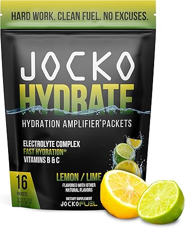 Paquetes de electrolitos en polvo Jocko Fuel Hydrate con bajo contenido de azúcar: paquetes de refuerzo de hidratación para recuperación, deshidratación y ejercicio, con vitaminas B6, B12 y C (16 paquetes) de limón y lima ln25