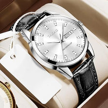 Cargar imagen en el visor de la galería, Reloj de cuero negro para hombre, fecha, cuarzo, a21 analógico, diamantes, cara grande, impermeable, regalos para él
