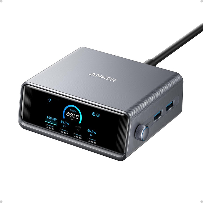 Anker Cargador Prime, estación de carga USB C GaN Prime de 250 W, 6 puertos ultrarrápidos, pantalla LCD de 2.26 pulgadas a19  y dial de control inteligente, compatible con MacBook Pro/Air, iPhone 16/15/14