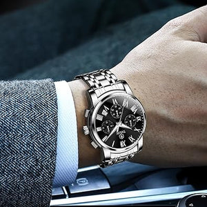 Reloj cronógrafo clásico de acero inoxidable para hombre, con cara grande, fácil de leer, reloj cronógrafo para hombre, reloj analógico de cuarzo, a21  resistente al agua, números romanos, reloj de
