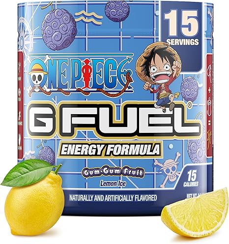 G Fuel ONE Piece Gum-Gum Fruit Energy Powder, sin azúcar, suplemento de concentración con cafeína limpia, mezcla de agua, aminoácidos para la concentración, mezcla de vitaminas y antioxidantes, limón helado, 3,7 oz (15 porciones) ln25