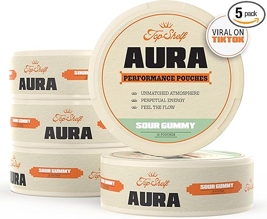 Bolsitas de cafeína Aura | Energía nootrópica, suplemento cerebral Alpha Performance con cognizina, citicolina y teanina | Apoyo para la concentración y la neurología (paquete de 5, gomitas ácidas) ln25