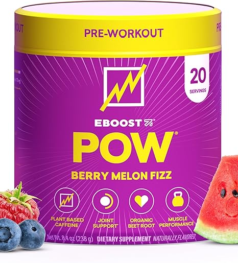 EBOOST POW - Polvo preentrenamiento natural - 20 porciones - Berry Melon Fizz - Suplemento preentrenamiento para rendimiento, apoyo a la movilidad de las articulaciones, energía, concentración - Hombres y mujeres - Sin OGM, sin gluten, sin creatina ln25