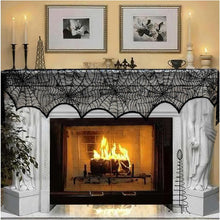 Cargar imagen en el visor de la galería, Decoración de Halloween AerWo Encaje negro Araña Chimenea Repisa Cubierta de bufanda Suministros de fiesta festivos 45 X 243cm 18 x 96 pulgadas
