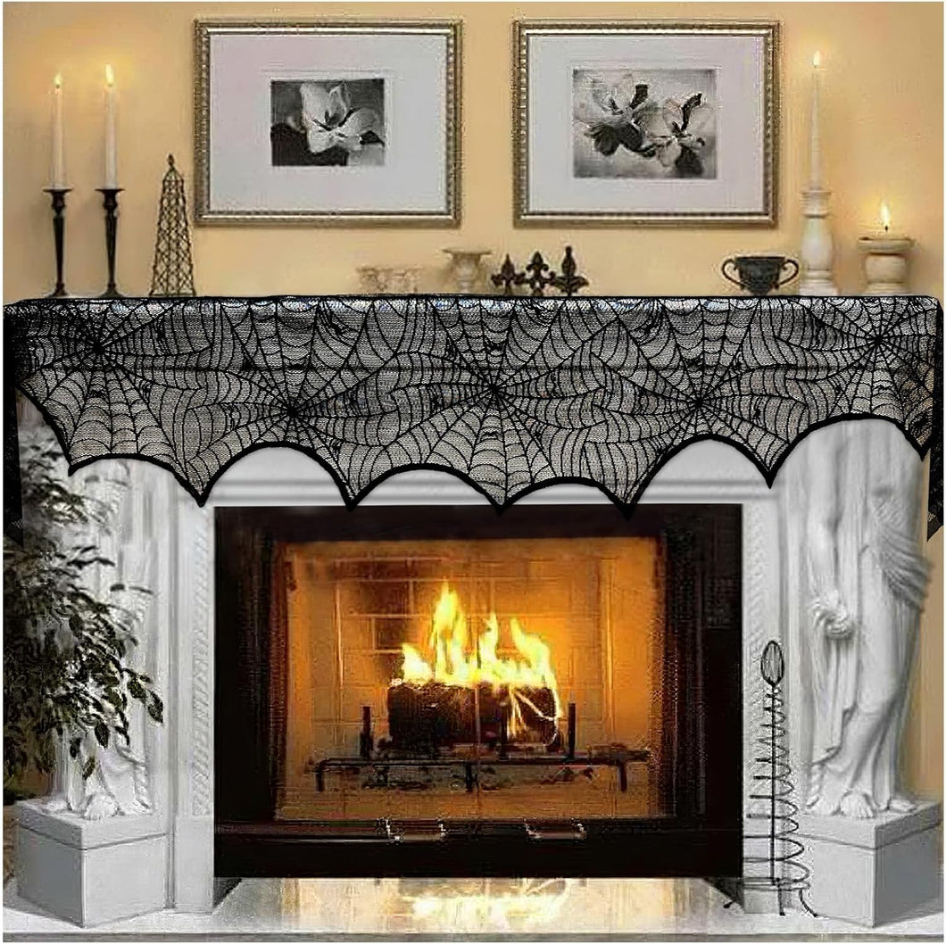 Decoración de Halloween AerWo Encaje negro Araña Chimenea Repisa Cubierta de bufanda Suministros de fiesta festivos 45 X 243cm 18 x 96 pulgadas