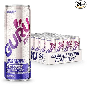 Bebida energética orgánica GURU ZERO SUGAR Wild Berry con cafeína natural de origen vegetal proveniente del té verde, agua de coco, prebióticos, cero azúcares añadidos, 140 mg de cafeína, bebidas saludables, 12 oz (paquete de 24) ln25