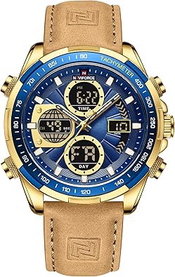 NAVIFORCE Relojes digitales militares para hombre, reloj analógico de cuarzo, A21  resistente al agua, reloj deportivo multifuncional de cuero
