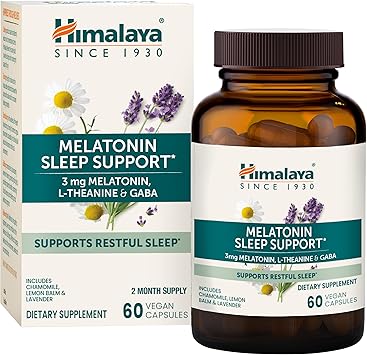 Himalaya Soporte para dormir de melatonina con GABA, L-teanina y melatonina 3 mg para apoyo al sueño e insomnio ocasional, 60 cápsulas, suministro para 2 meses ln26