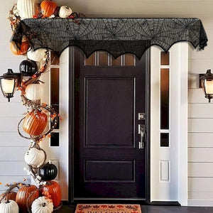 Decoración de Halloween AerWo Encaje negro Araña Chimenea Repisa Cubierta de bufanda Suministros de fiesta festivos 45 X 243cm 18 x 96 pulgadas