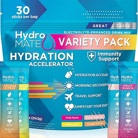 Paquetes de mezcla de bebida en polvo con electrolitos HydroMATE, acelerador de hidratación, recuperación rápida para fiestas con bajo contenido de azúcar y vitamina C, paquete variado de 30 unidades ln25