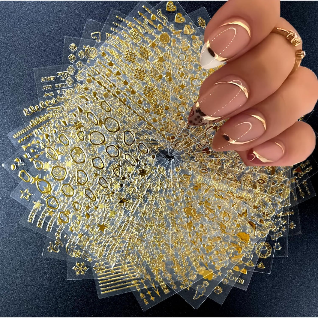 30 hojas de calcomanías de arte de uñas doradas 3D, calcomanías autoadhesivas de uñas de línea dorada con estrella para uñas acrílicas A24