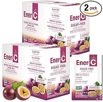 Bebida multivitamínica energética sin azúcar Ener-C con sabor a maracuyá, vitamina C 1000 mg y electrolitos, refuerzo natural para el sistema inmunológico con jugos de frutas reales en polvo, sin OGM, vegana y sin gluten, 60 unidades ln25