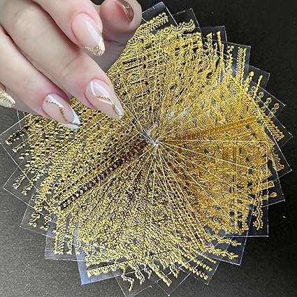30 hojas de calcomanías de arte de uñas de línea dorada, calcomanías de uñas de encaje dorado 3D A24