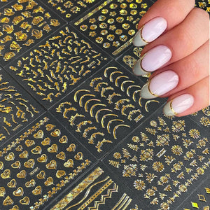 30 hojas de calcomanías de uñas doradas 3D autoadhesivas de estrella para arte de uñas A24