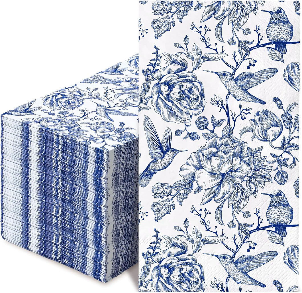 AnyDesign - Paquete de 80 servilletas de papel desechables con diseño de pájaros y flores azules, servilletas de papel decorativas, 13 x 15.7 pulgadas