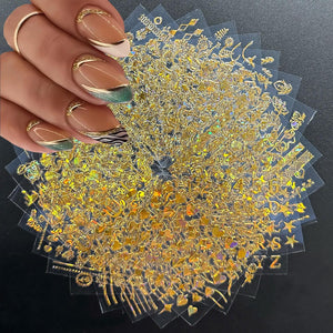 30 hojas de calcomanías de uñas doradas 3D autoadhesivas de estrella para arte de uñas A24