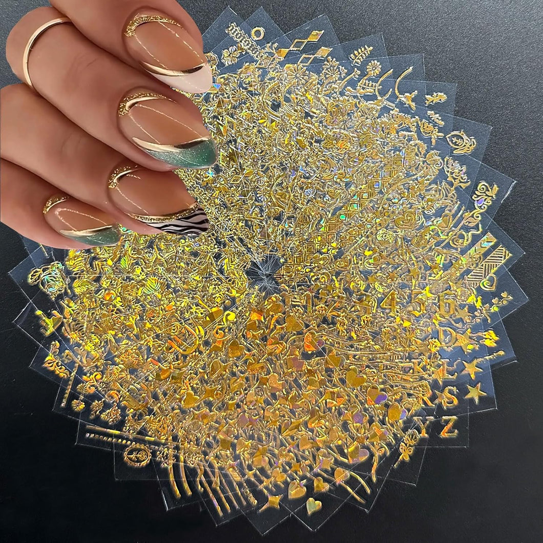 30 hojas de calcomanías de uñas doradas 3D autoadhesivas de estrella para arte de uñas A24