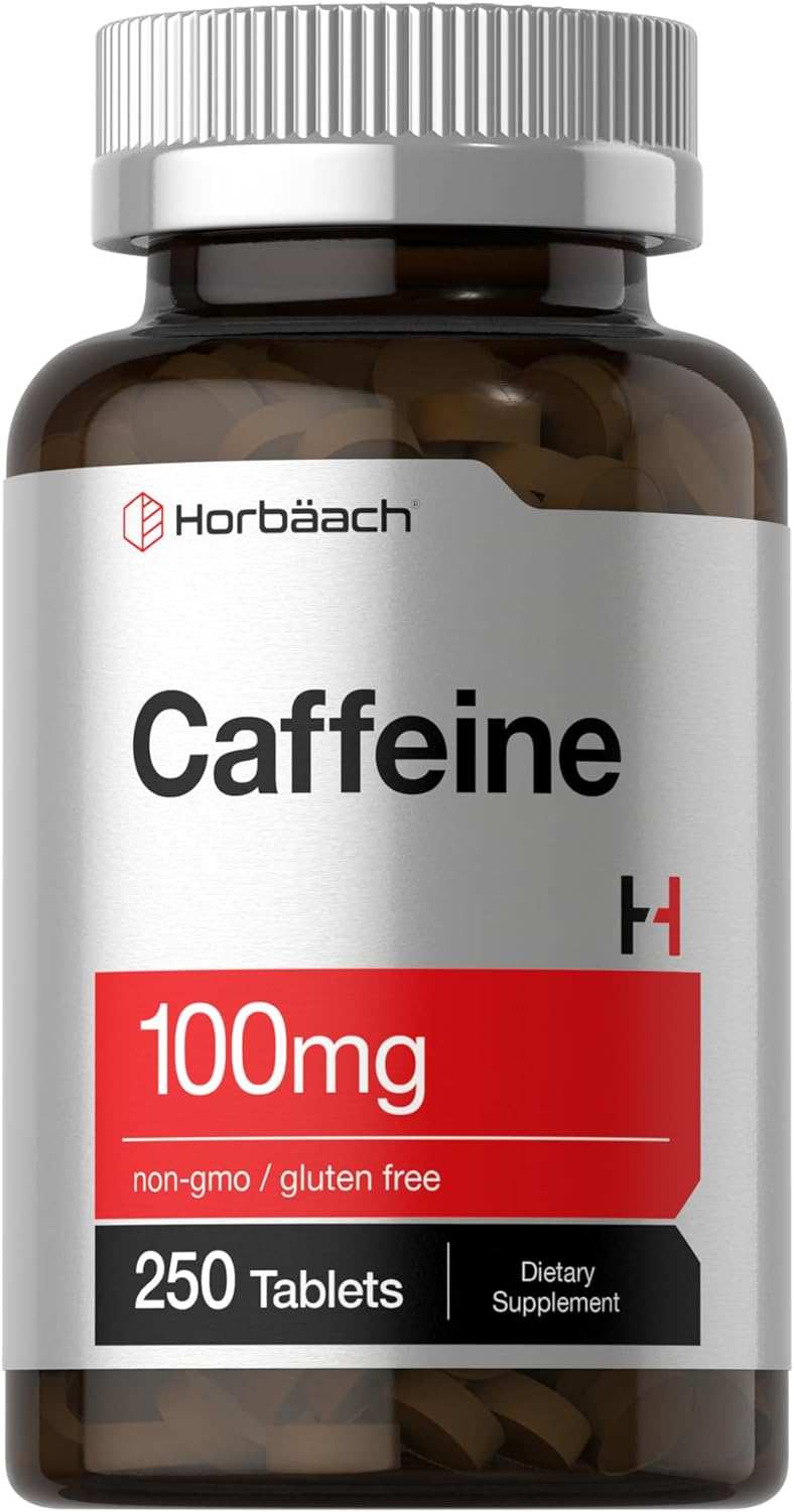 Horbäach Píldoras de cafeína de 100 mg | 250 tabletas | Fórmula vegetariana | Suplemento sin OMG, sin gluten
