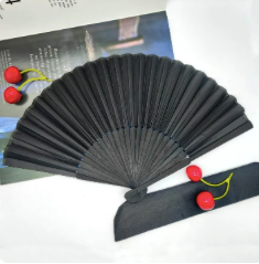 Abanico Plegable Negro de Estilo Clásico, Tela de Seda, Varillas de Bambú,