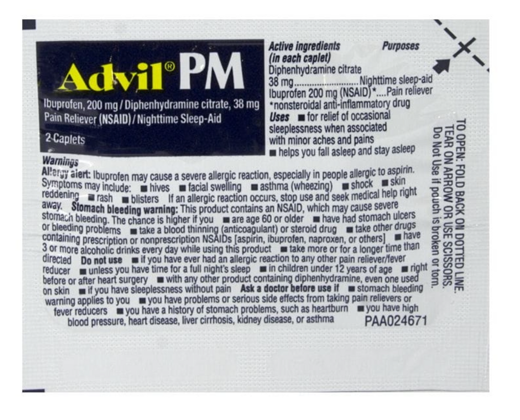 Advil PM Alivio del dolor y de fiebre nocturno (1 paquete de 2 cápsulas)