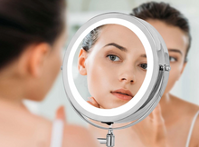 Cargar imagen en el visor de la galería, Espejo de maquillaje iluminado de pared, 9" de doble cara 1X/7X
