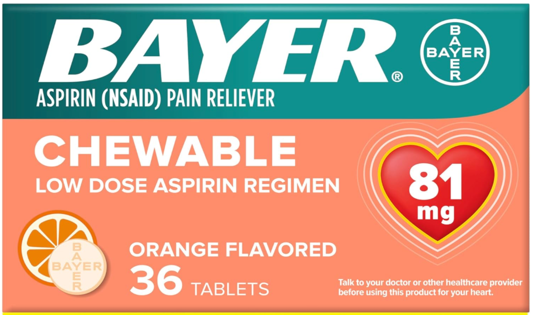 Aspirina Bayer, tabletas masticables de 81 mg, 36 unidades