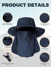 Cargar imagen en el visor de la galería, Sombreros de pesca para hombre, sombrero de sol 3 en 1 con solapa extraíble para el cuello y cubierta facial, protección solar UV, sombrero de pesca de ala ancha
