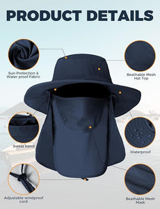 Sombreros de pesca para hombre, sombrero de sol 3 en 1 con solapa extraíble para el cuello y cubierta facial, protección solar UV, sombrero de pesca de ala ancha