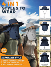 Cargar imagen en el visor de la galería, Sombreros de pesca para hombre, sombrero de sol 3 en 1 con solapa extraíble para el cuello y cubierta facial, protección solar UV, sombrero de pesca de ala ancha
