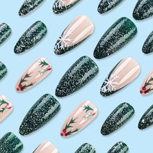 Cargar imagen en el visor de la galería, Uñas postizas a presión de Navidad, uñas postizas medianas de almendra, uñas postizas verdes con diseño de copo de nieve, acebo, uñas con pegamento, A22  uñas acrílicas brillantes, cobertura completa
