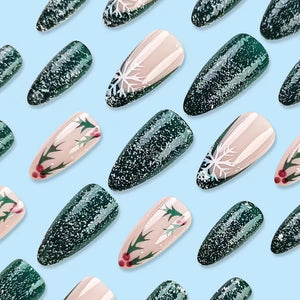 Uñas postizas a presión de Navidad, uñas postizas medianas de almendra, uñas postizas verdes con diseño de copo de nieve, acebo, uñas con pegamento, A22  uñas acrílicas brillantes, cobertura completa