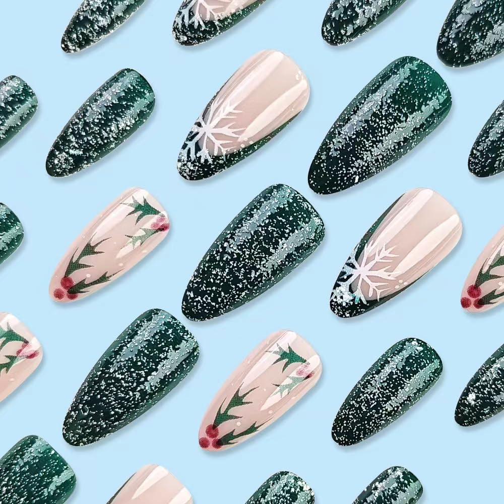 Uñas postizas a presión de Navidad, uñas postizas medianas de almendra, uñas postizas verdes con diseño de copo de nieve, acebo, uñas con pegamento, A22  uñas acrílicas brillantes, cobertura completa