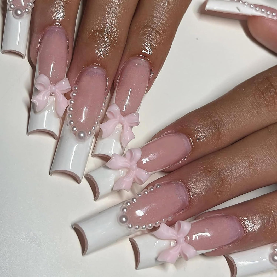 BABALAL Uñas postizas largas cuadradas a presión, uñas postizas blancas con punta francesa, uñas con pegamento en 3D, uñas acrílicas con dije de arco 3D, 24 unidades a22 , uñas postizas cuadradas