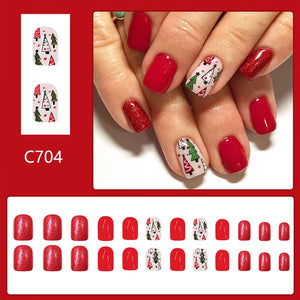 Uñas postizas a presión de Navidad, uñas postizas cuadradas cortas con bonitos diseños de árbol de Navidad, uñas postizas de Navidad con pegamento rojo con purpurina en las uñas A22 de cobertura completa,