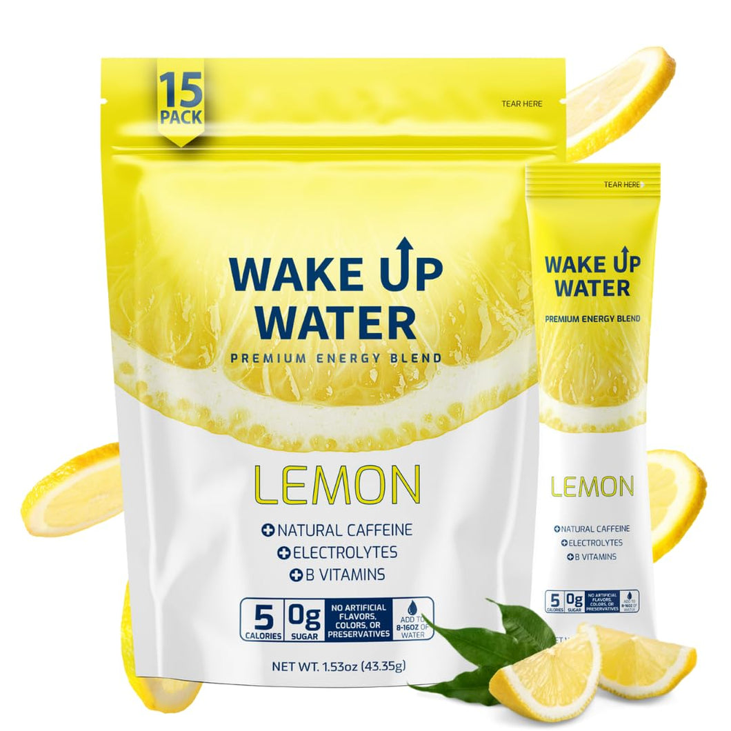Wake Up Water - Bebida energética + hidratante sin azúcar, paquete de 15, sabor a limón, bebida energética en polvo, bebida con electrolitos, paquete de mezcla de cafeína natural, vitaminas B, 5 calorías, sin gluten, 0,10 oz (2,9 g) ln25