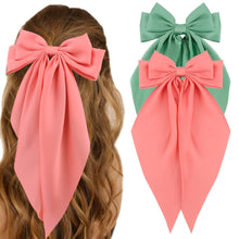 Cargar imagen en el visor de la galería, lazos de satén sedoso para el cabello, 2 lazos grandes de color verde y rosa, a21 cintas para el pelo de cola larga de gran tamaño
