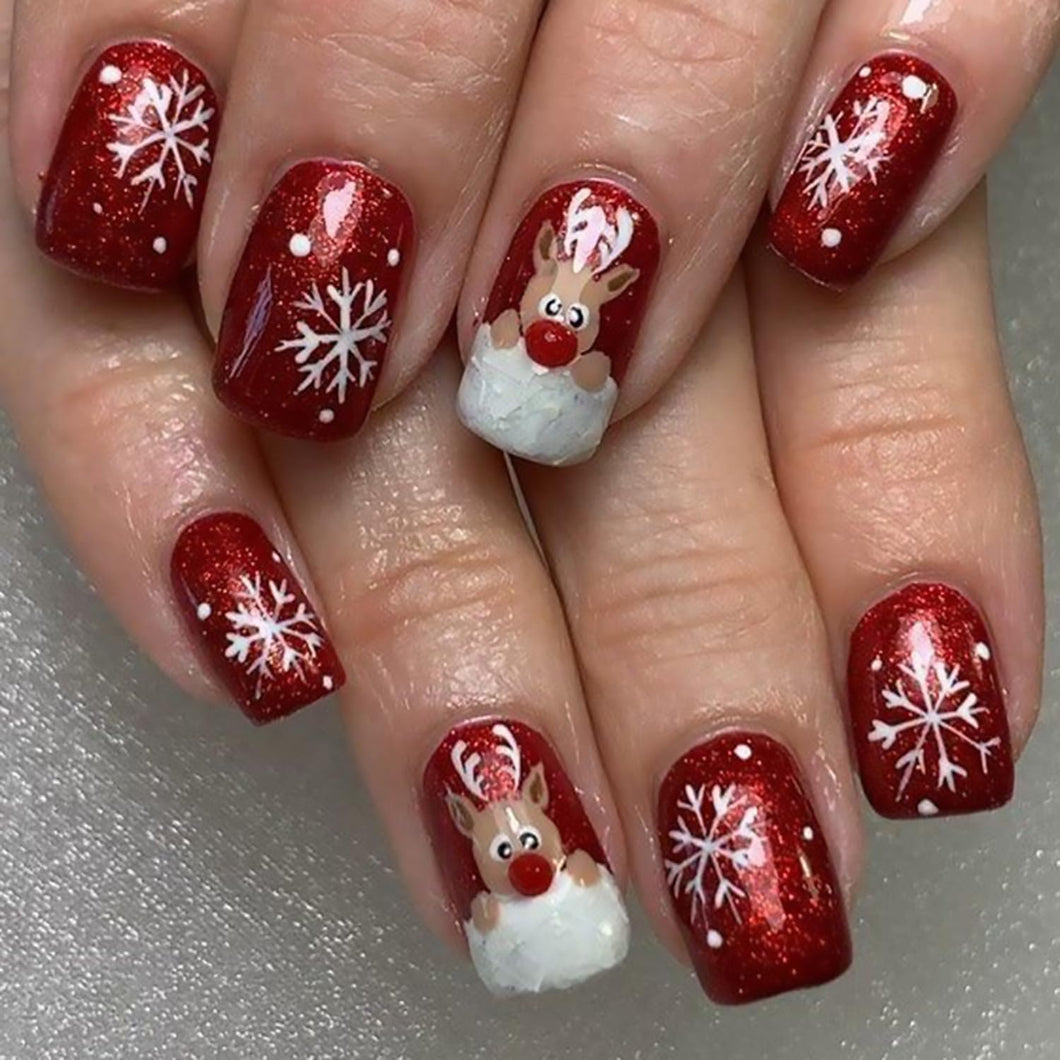 Uñas postizas a presión de Navidad, uñas postizas cuadradas cortas con diseños de copos de nieve de alce, uñas postizas de Navidad, uñas con pegamento rojo con purpurina en la a22  uñas de cobertura