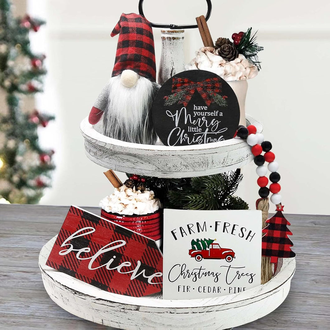 Decoración de Navidad – Decoraciones navideñas para interiores – Letreros de madera «Believe Merry Christmas» y gnomos a cuadros de búfalo – Bandeja rústica con niveles para decoración de hogar  A19